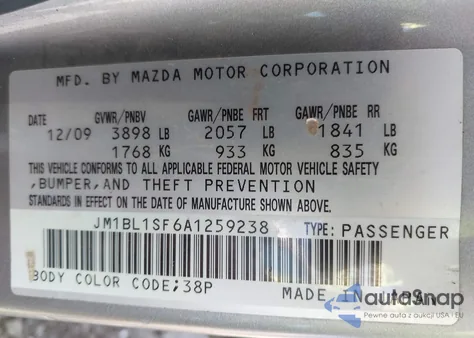 2010 Mazda Mazda3 I Sport z USA, uszkodzony, nr VIN JM1BL1SF6A1259238